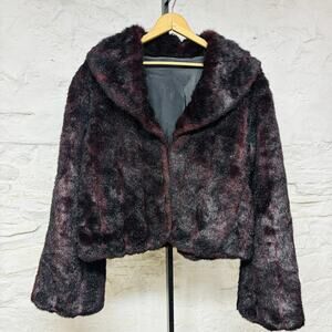 Vintage Blood Red Faux Fur Coat Cropped Collared Jacket Mob Wife Women’s XL Boxy